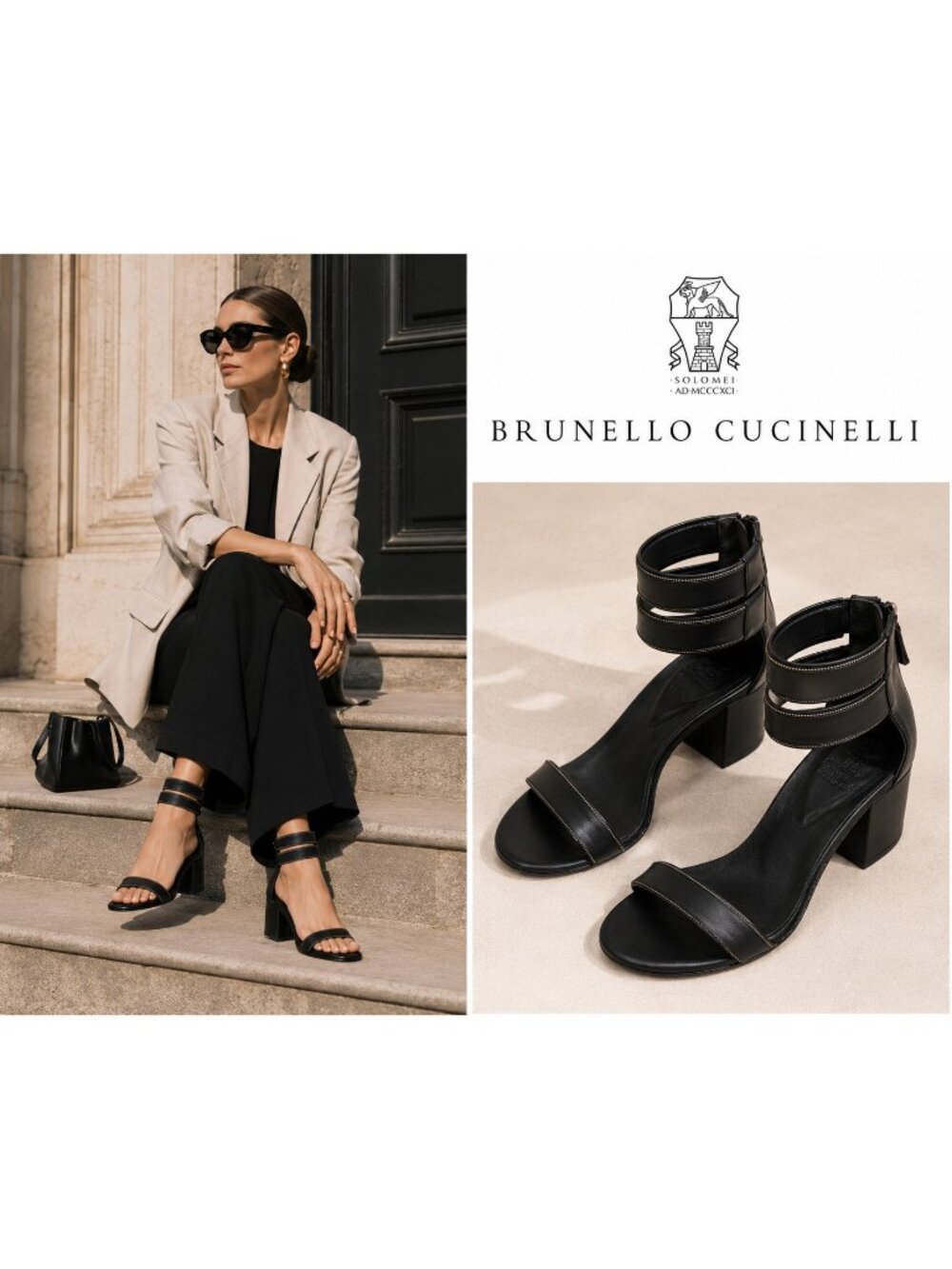 Brunello Cucinelli Black Leather Monili Ankle Strap Block Heel Sandals EU37